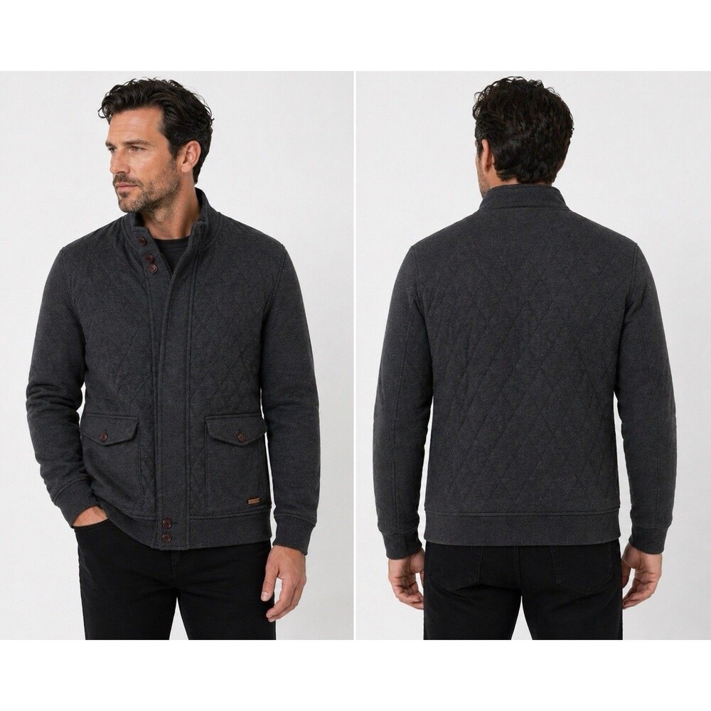 Ted Baker Quilted Jacket Gray Utility Bomber Leather Trim 2XL Snap Front Cotton
